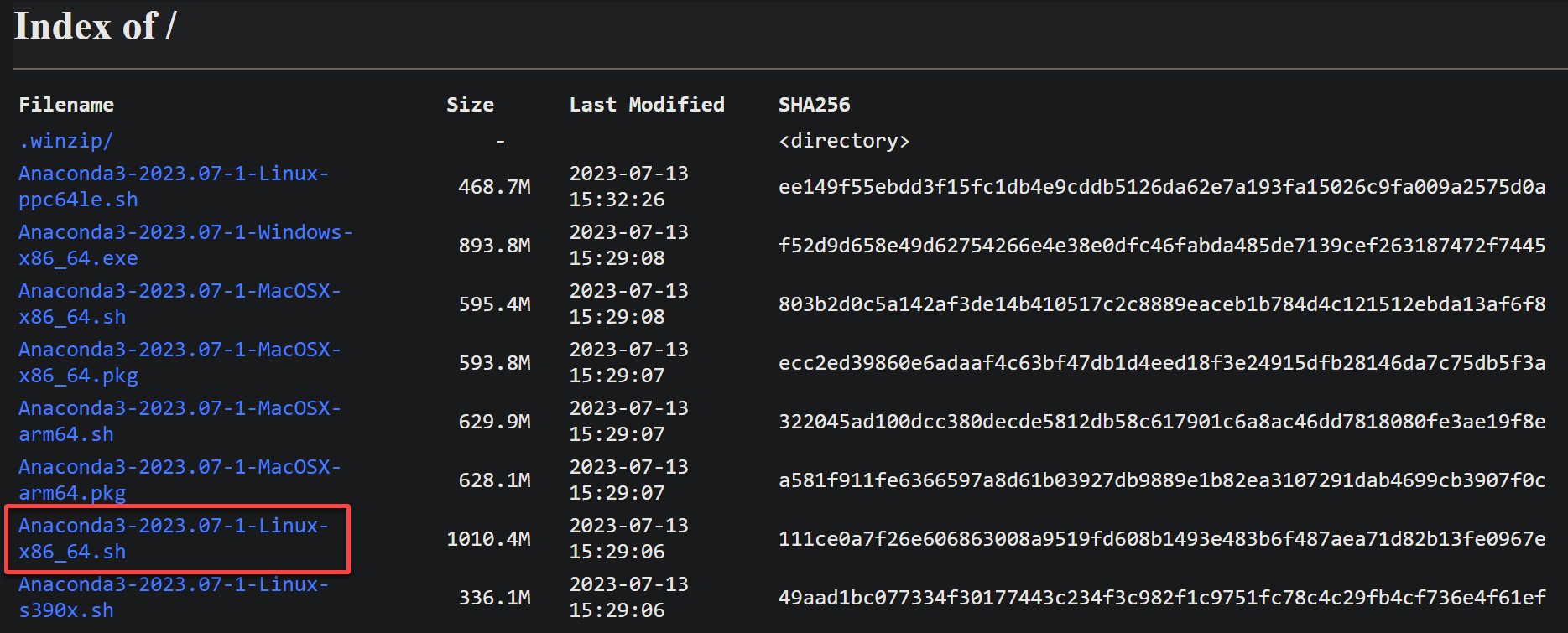 Copying the URL of the latest version of the Anaconda installer