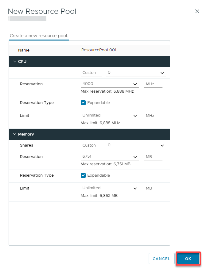 Customizing the CPU and memory allocations in the resource pool