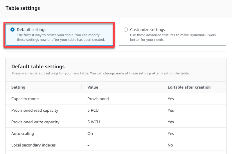 Choosing the default setting of the table