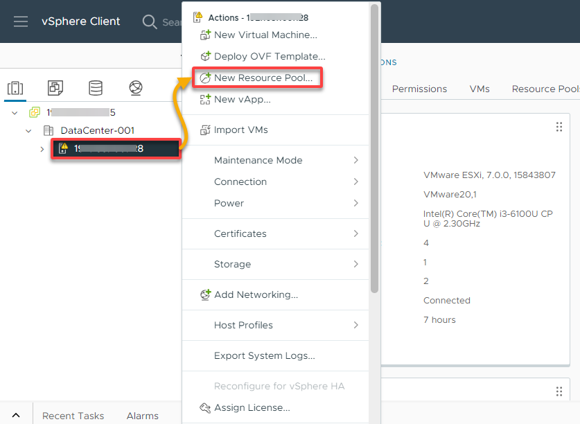 Initiating creating a new resource pool for VMs