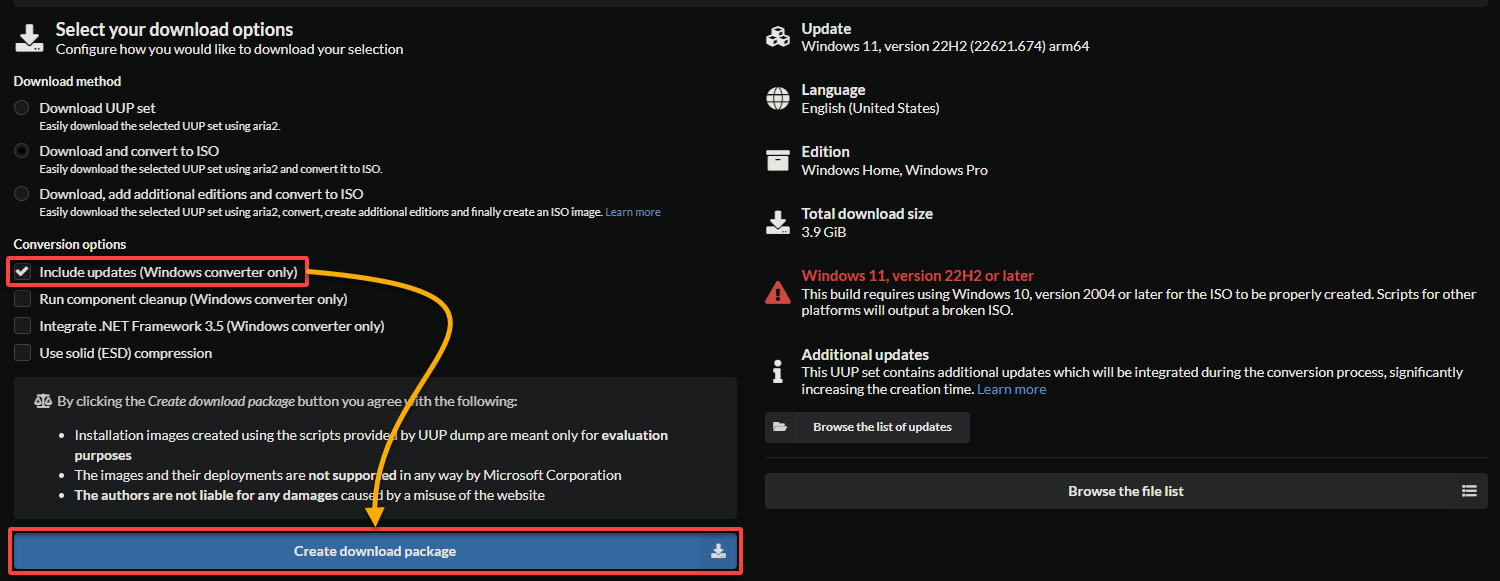 Selecting download options for the UUP dump package