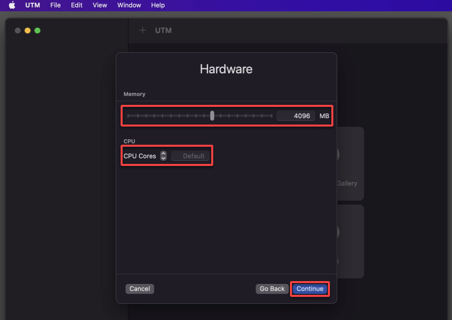 Configuring the RAM and CPU core