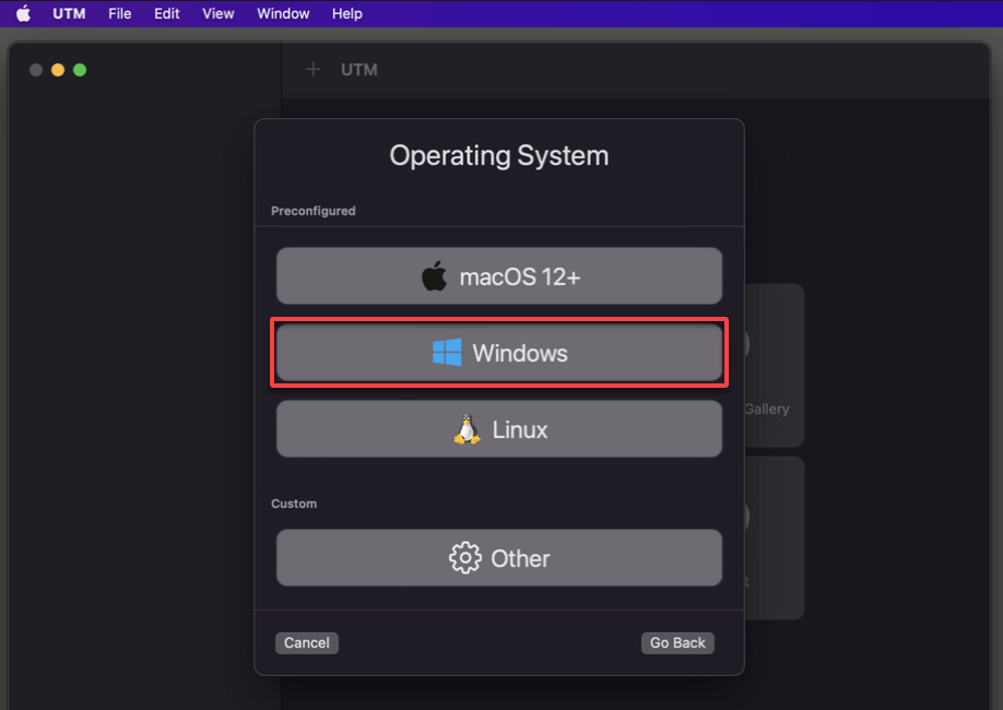 Selecting an OS for the VM