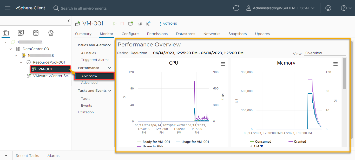 Monitoring the selected VM’s performance