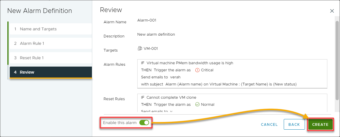 Reviewing the alarm’s rules and enabling and creating the alarm