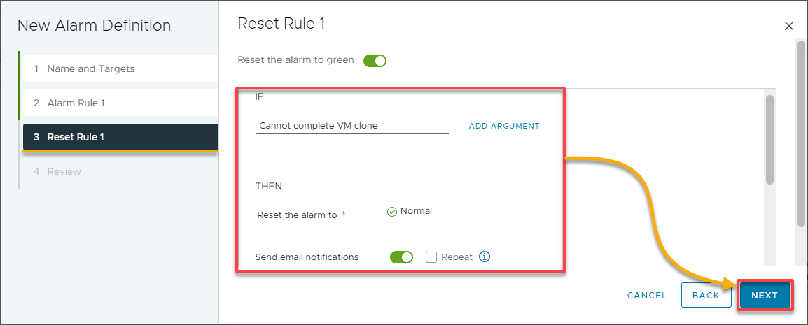 Setting the alarm reset rules