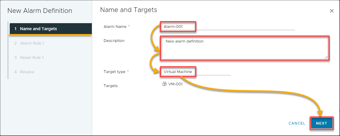 Configuring the name and targets of the alarm