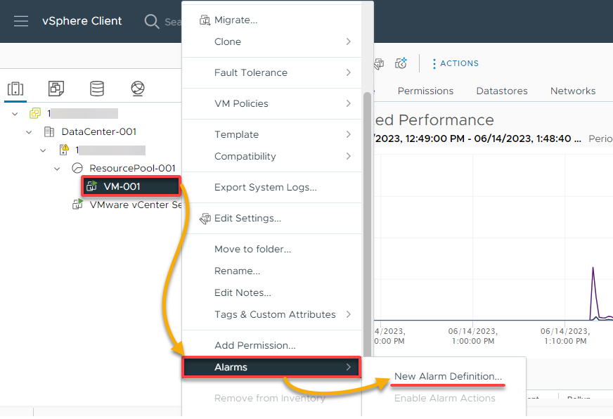 Initiating create a new alarm for a VM