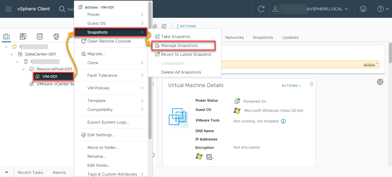 Accessing the selected VM’s snapshots