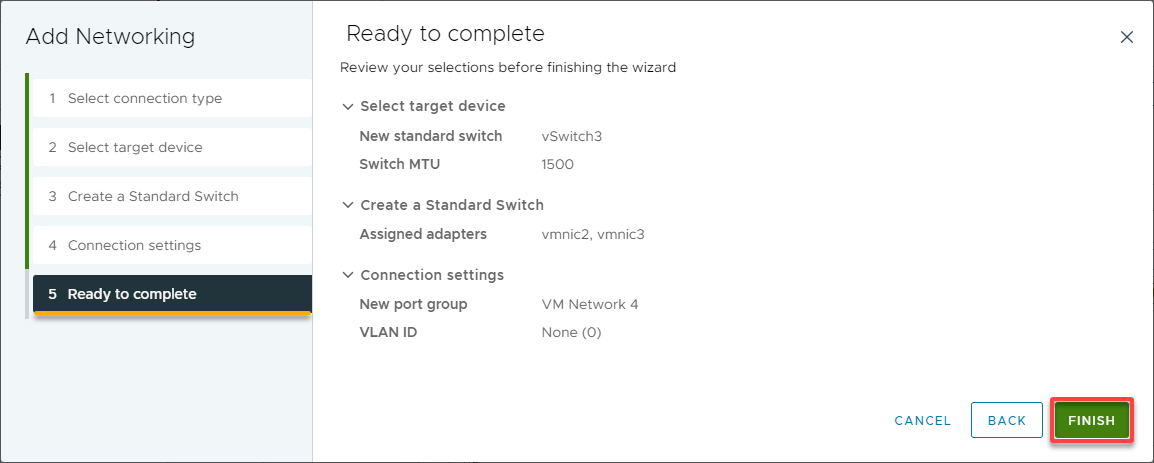 Reviewing the selected configuration and adding the network configuration