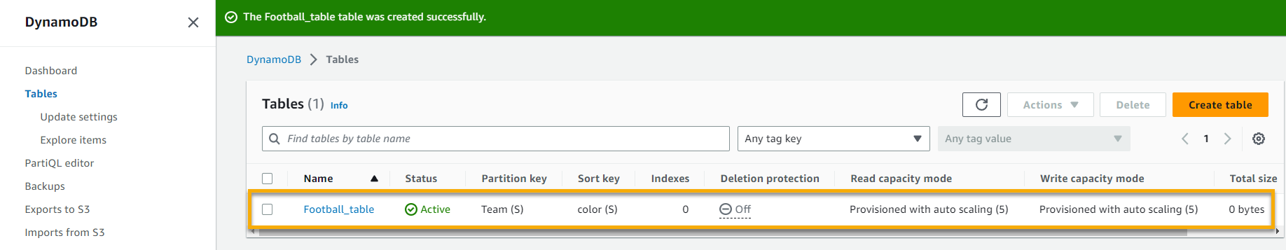 Viewing the newly-created DynamoDB table