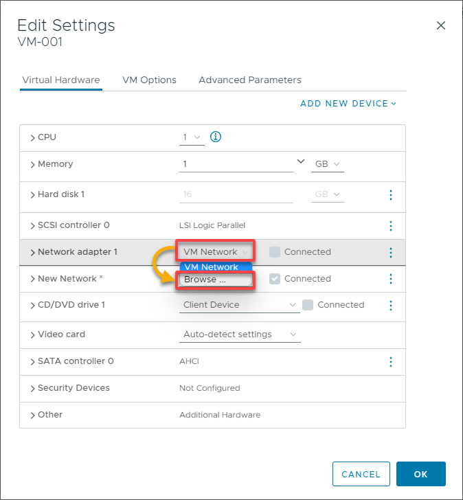 Browsing to the preferred network adapter