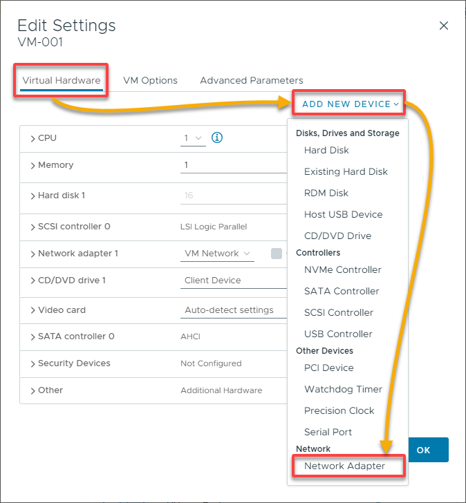 Adding a new network adapter to a VM