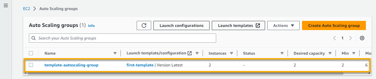 Verifying the newly-created Auto Scaling group exists in AWS Management Console