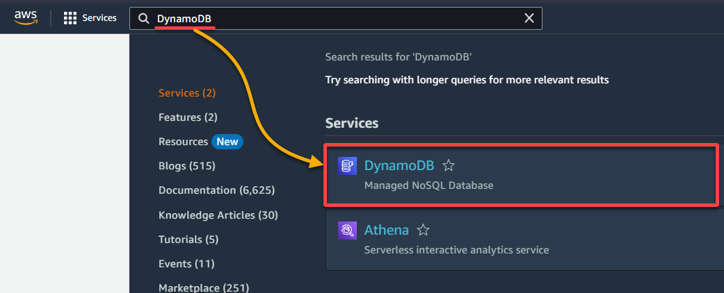Navigating to the DynamoDB service in the AWS Management Console