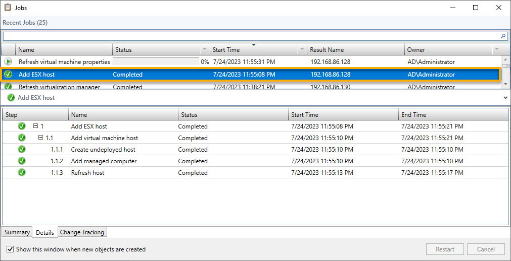 Confirming the successful ESX host addition