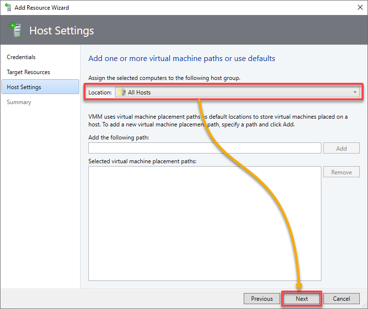 Selecting the ESXi hosts location in SCVMM