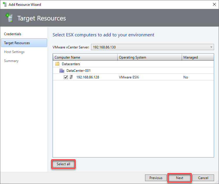 Pulling in the hosts in the ESXi clusters