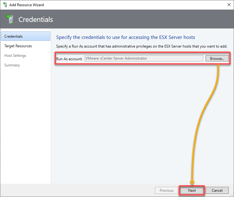 Specifying the credentials to access the ESXi host