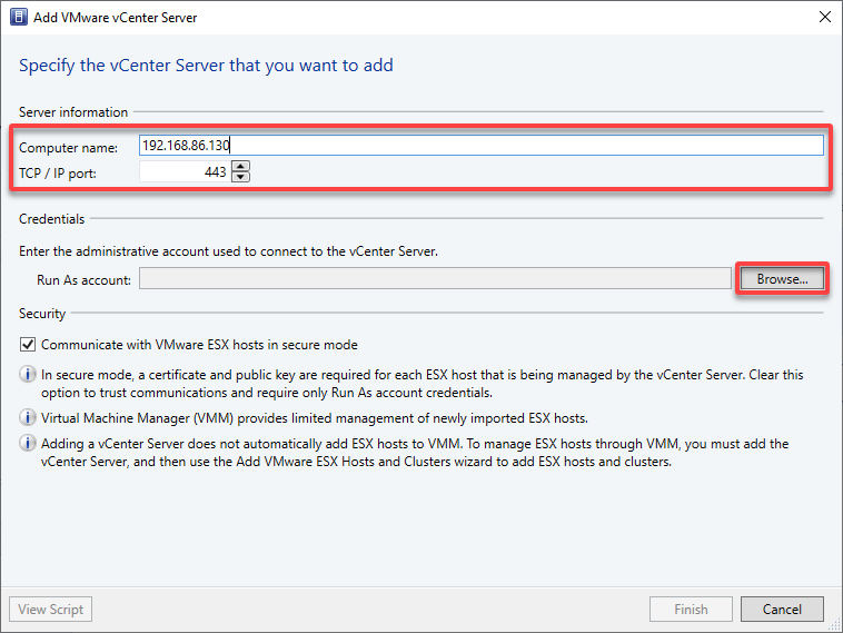 Specifying the vCenter Server details