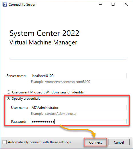 Logging into the SCVMM console