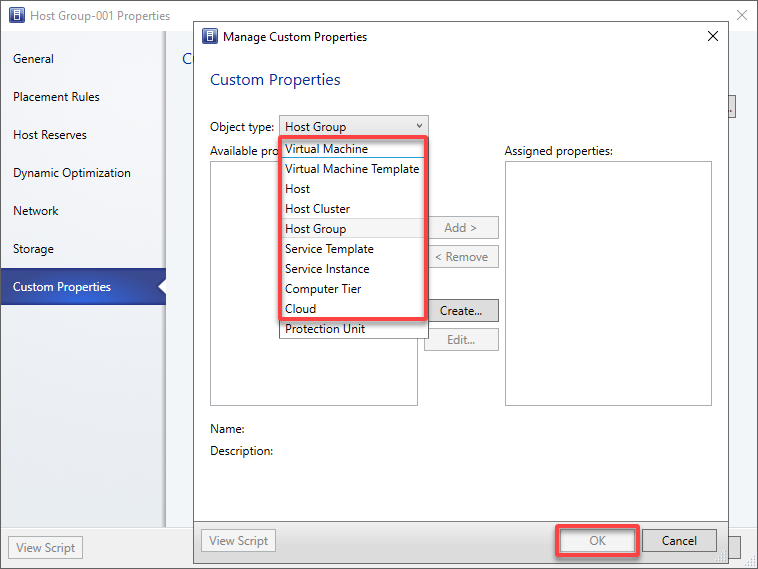 Setting custom host group properties