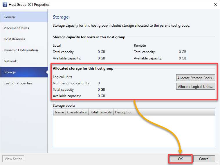 Allocating storage specifications for Host Group