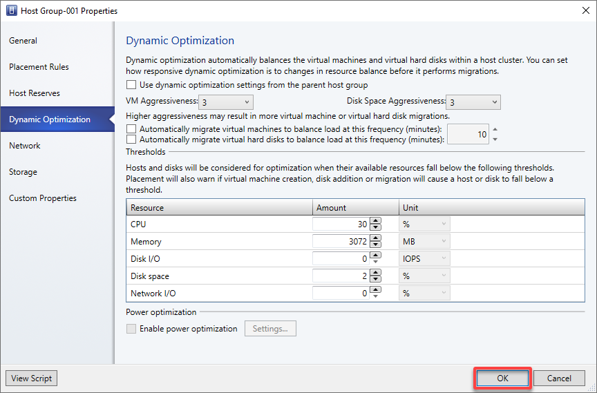 Setting dynamic host cluster optimization and power optimizations