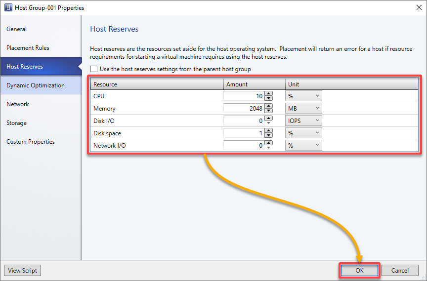 Configuring the host reserve values