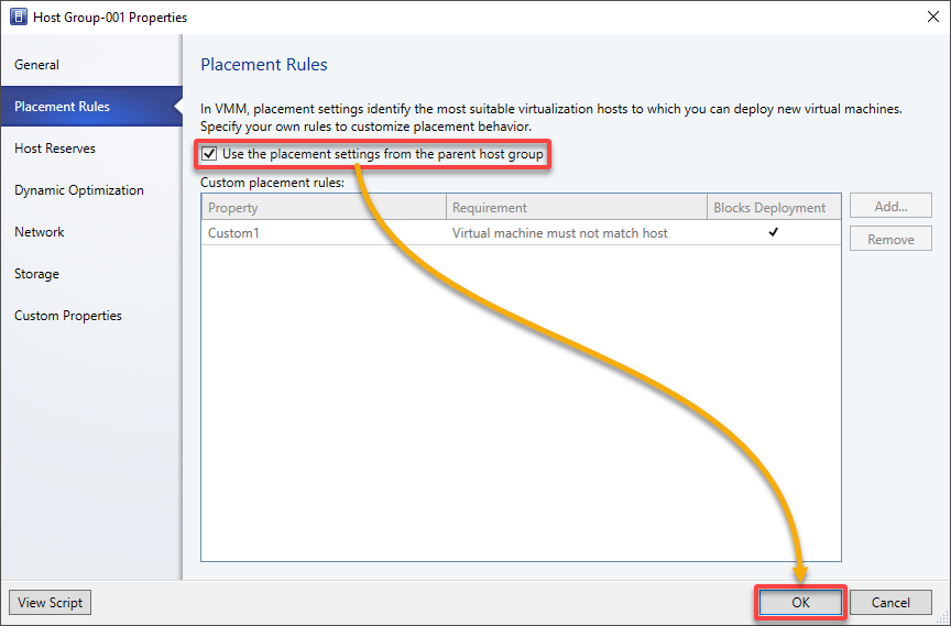 Leaving the default host group placement settings