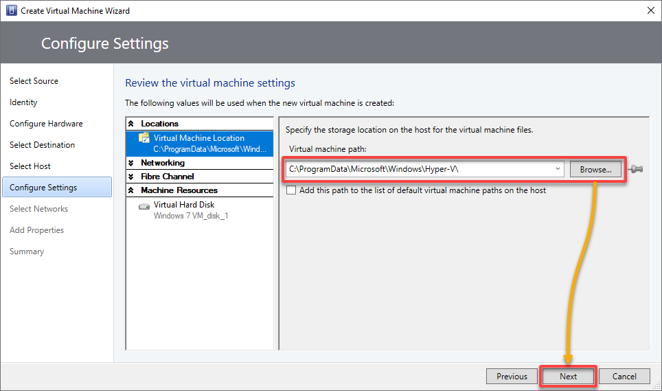 Specifying the storage location of the VM