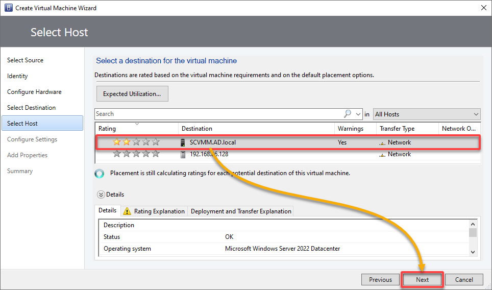 Selecting the destination host of the VM