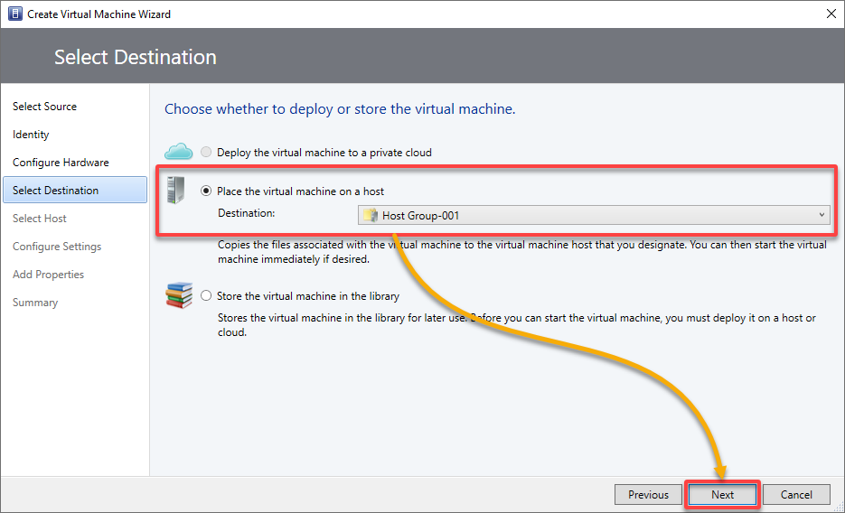 Selecting the destination location for the new VM