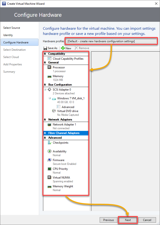 Configuring the VM hardware specifications