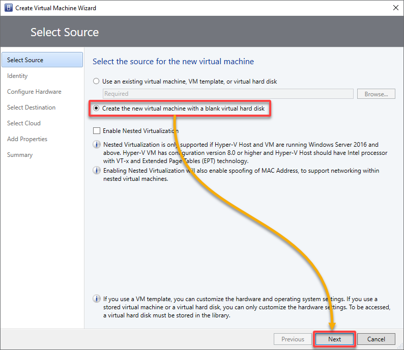 Choosing the option to create a new VM