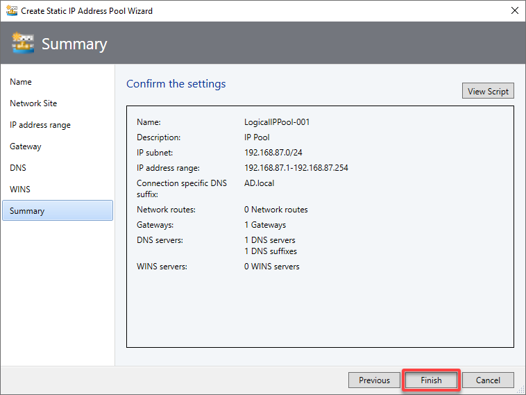 Reviewing the network settings