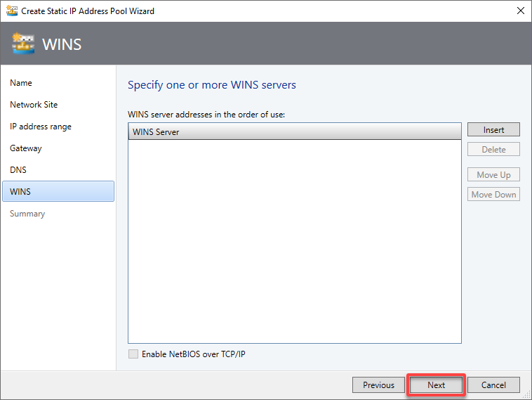 Configuring WINS server settings