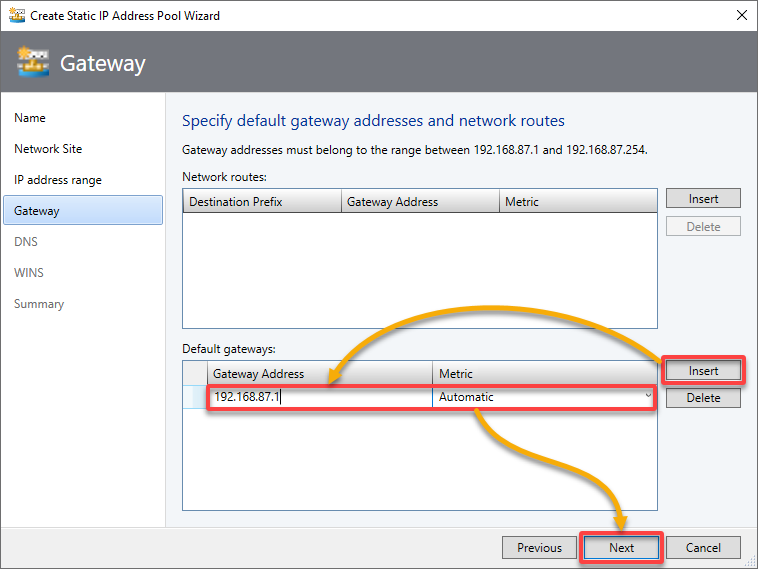 Configuring default gateway settings