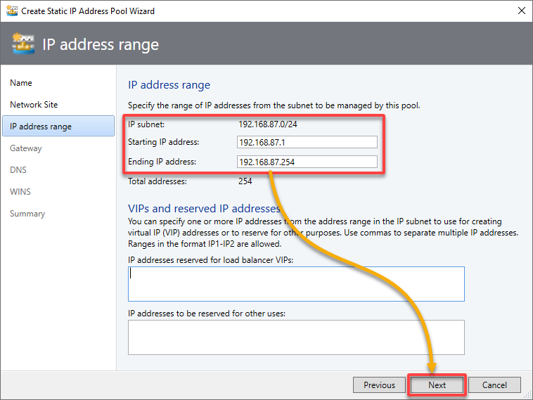 Setting the IP address range