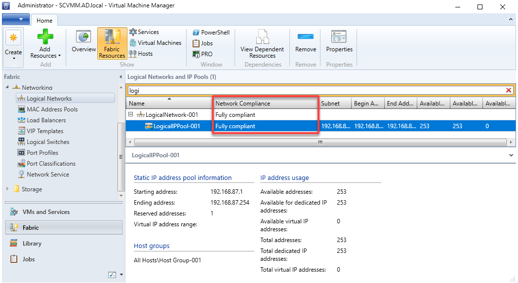 Verifying the network compliance of the newly-created network adapter