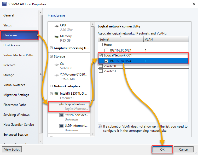 Configuring the host network adapter settings