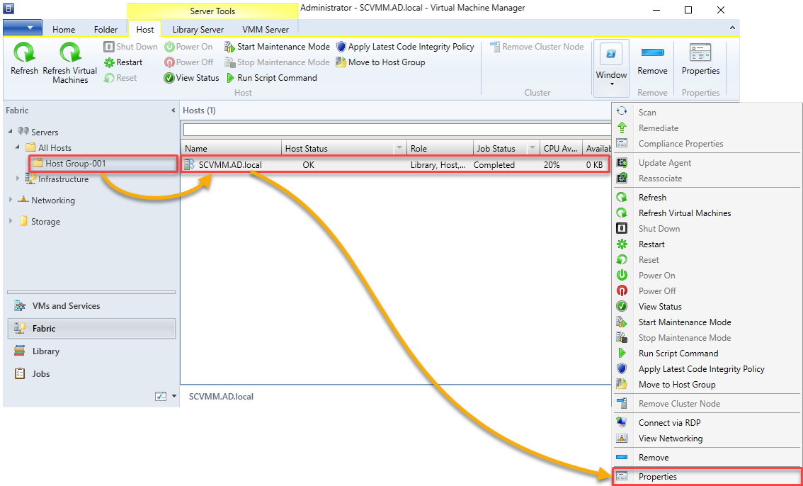 Viewing the host properties