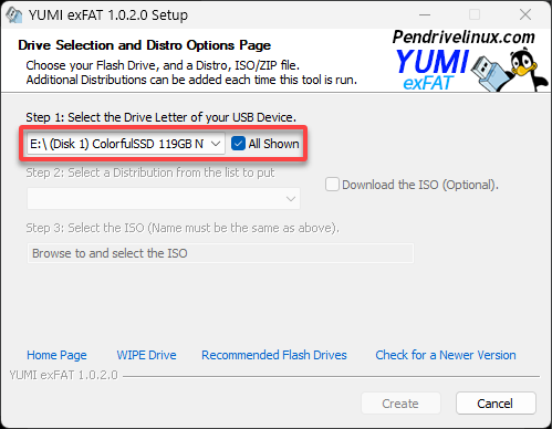 Select the USB drive to set as a multi-bootable USB drive