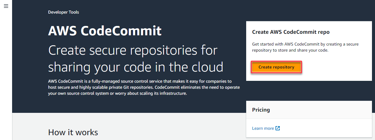 Initiating creating a new AWS CodeCommit repository