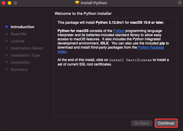 Continuing with the Python installation