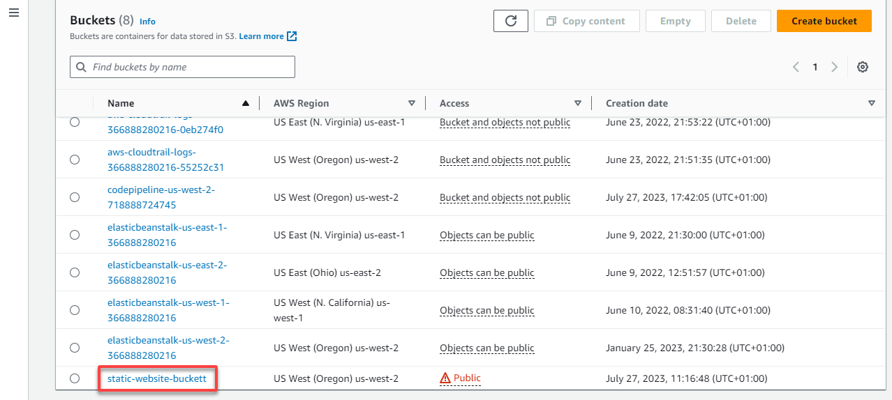 Accessing the S3 bucket details page