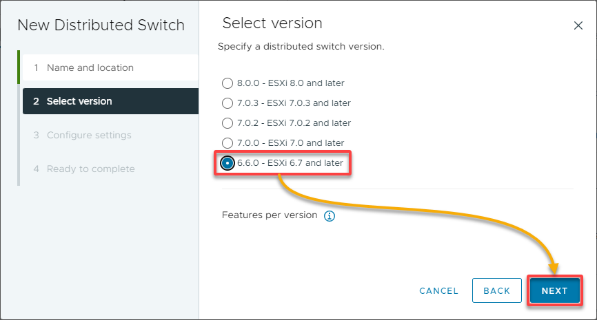 Selecting a distributed switch version compatible with the ESXi hosts