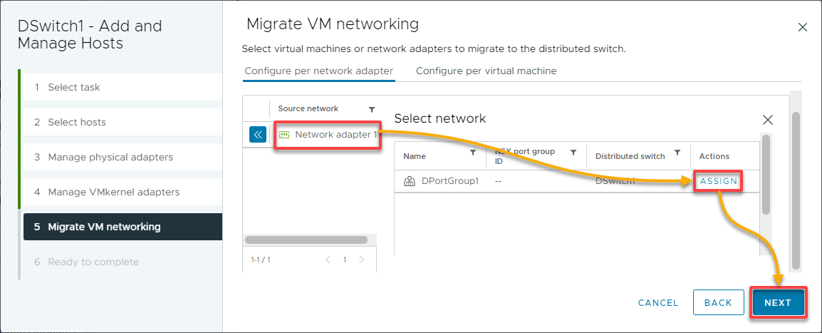 Configure the port group for migration of VMs