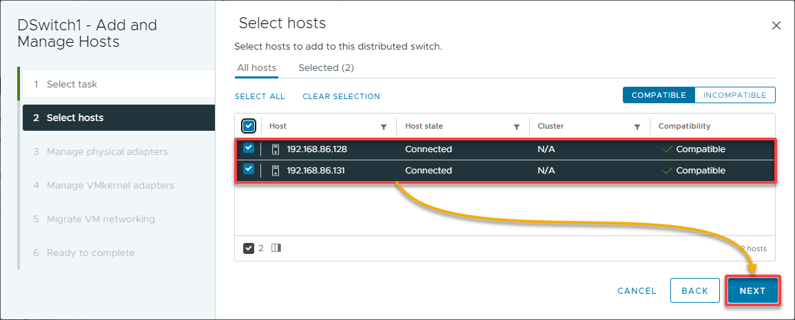 Selecting the ESXi hosts to add to the distributed switch