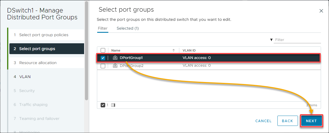 Choosing the distributed port groups 